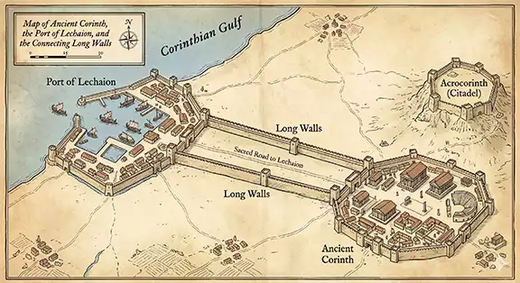 Lechaion, Greece. Ancient Greek Engineering & Bronze Age Fossil Fuels The Corinthian Long Walls. Map created by Nick Nutter