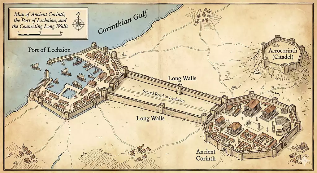 Lechaion, Greece. Ancient Greek Engineering & Bronze Age Fossil Fuels The Corinthian Long Walls. Map created by Nick Nutter