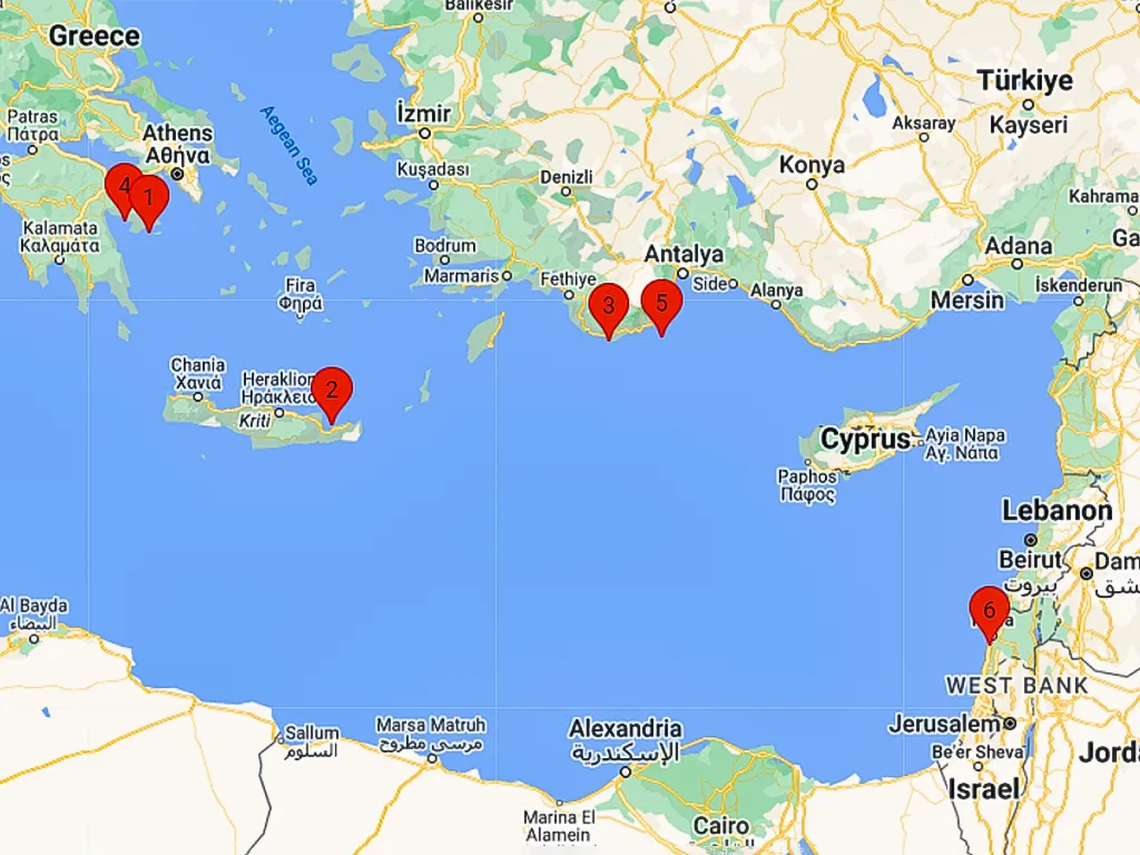 Development of Mediterranean trading networks during the Bronze Age Location of Bronze Age shipwrecks in the eastern Mediterranean Sea