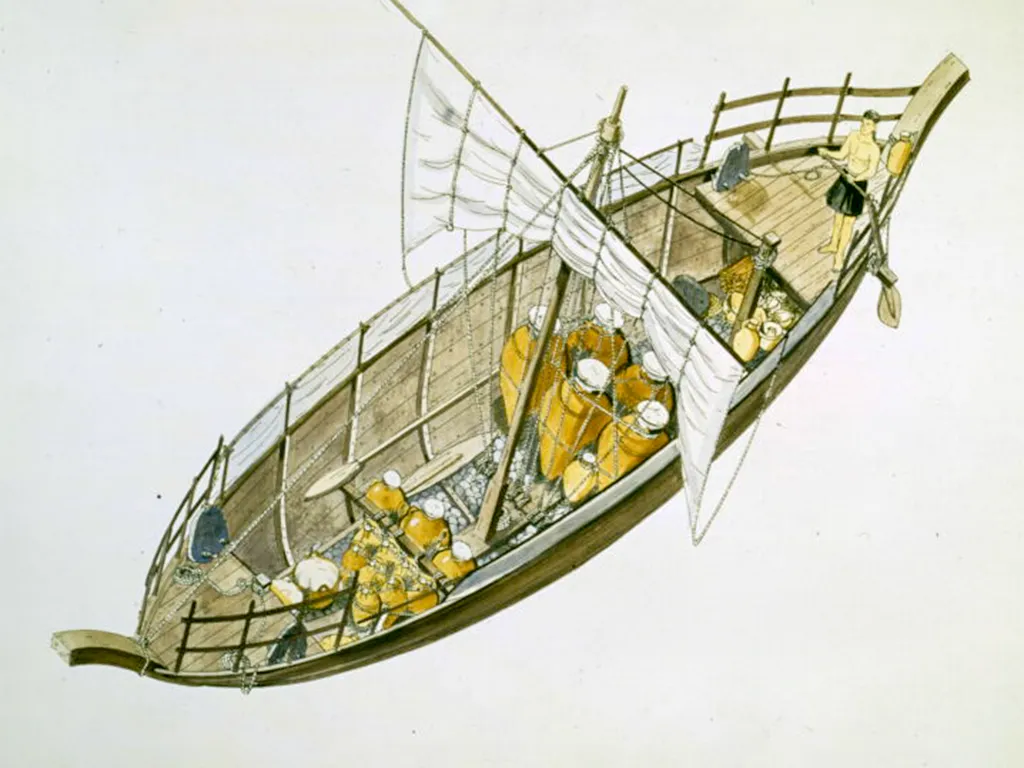Late Bronze Age shipwreck at Point Iria c 1200 BC - Artists impression of Point Iria ship