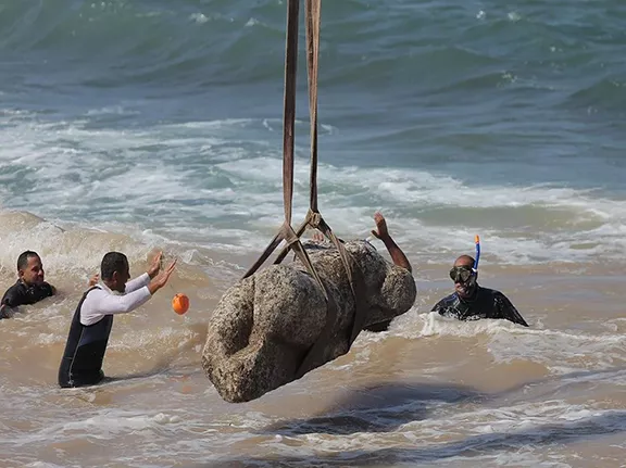 August 2025. Raising artifacts from Canopus. Image credit AFP.