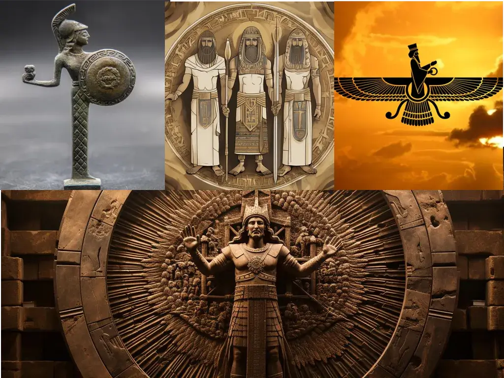 Shattering the Divine Contract: State Evasion and Ideological Rupture in the Late Bronze Age Collapse - Top: Athena (Greek), Yahwism, Zoroastrianism. Bottom: Ashur 