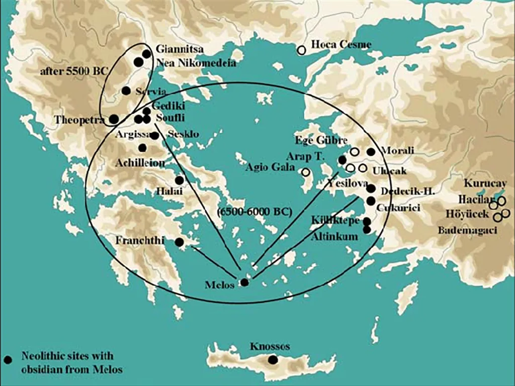 Neolithic Sea Voyages: How Ancient Mariners Shaped the Mediterranean  - Obsidian network from Melos