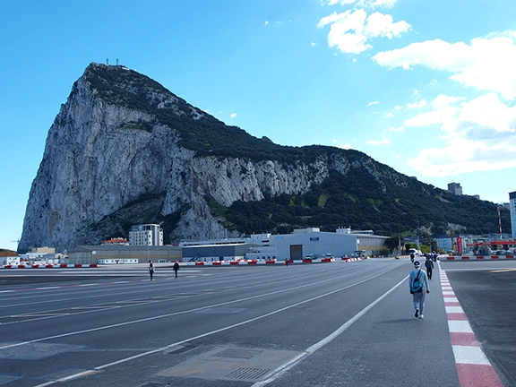 Crossing the runway into Gibraltar. The route taken by hundreds of Spanish workers on a daily basis