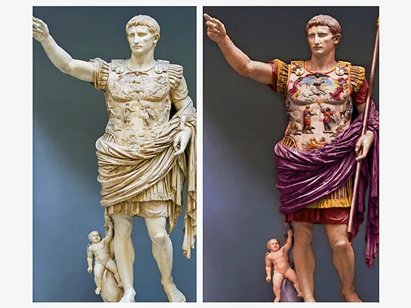 Beyond White Marble: The Vibrant Truth of Ancient Greek & Roman Statues Statue of Roman Emperor Augustus similarly refurbished - Vatican Museum