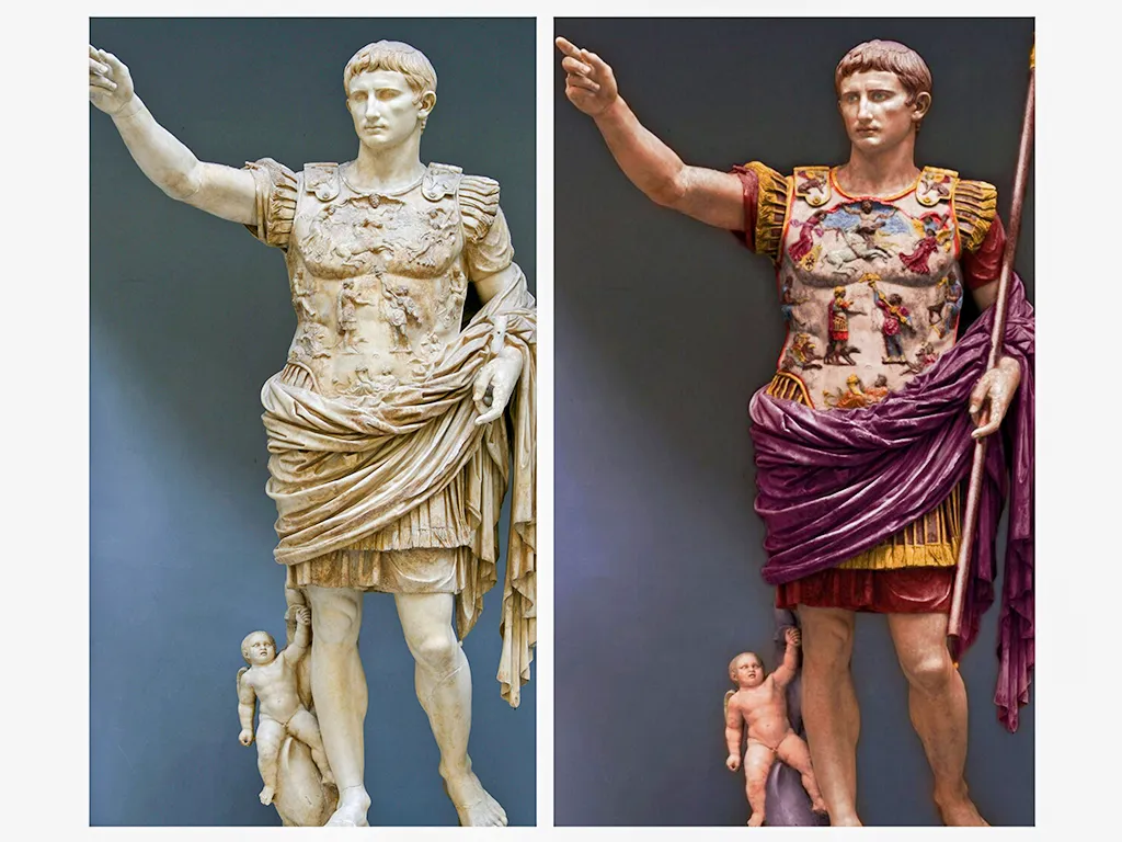 Beyond White Marble: The Vibrant Truth of Ancient Greek & Roman Statues Statue of Roman Emperor Augustus similarly refurbished - Vatican Museum