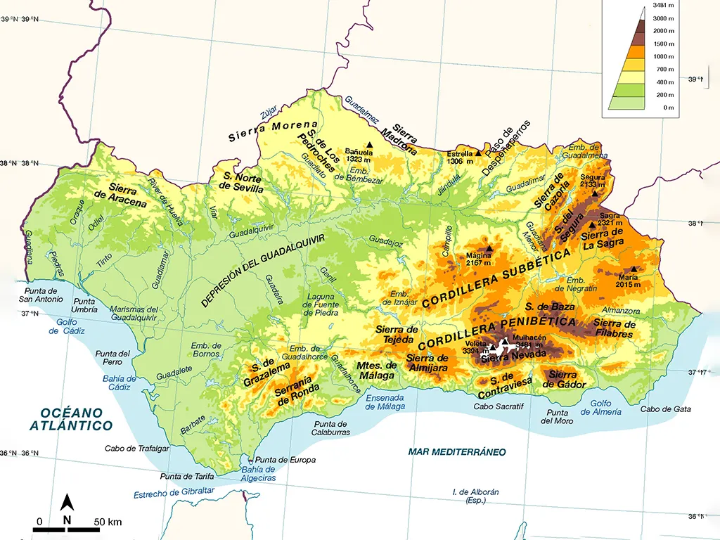 Geology of Andalucia: Mountains, Minerals & Motion Physical map of Andalucia
