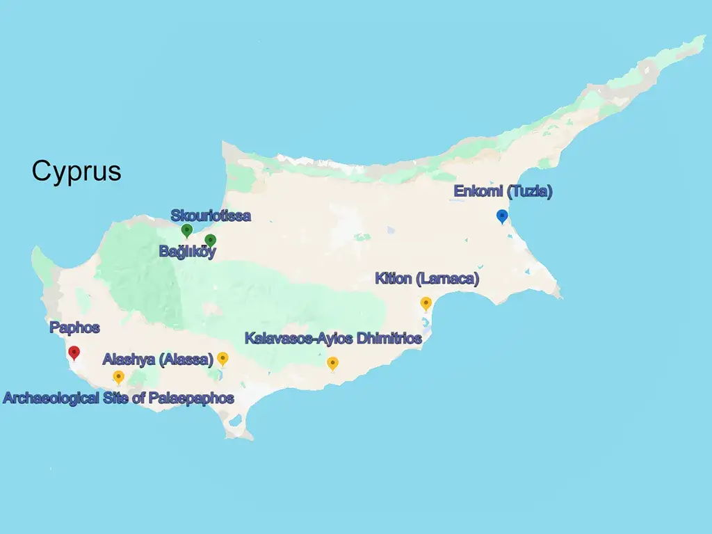 How and Why Cyprus Survived the Collapse of the Bronze Age - Cyprus with place names mentioned in this article
